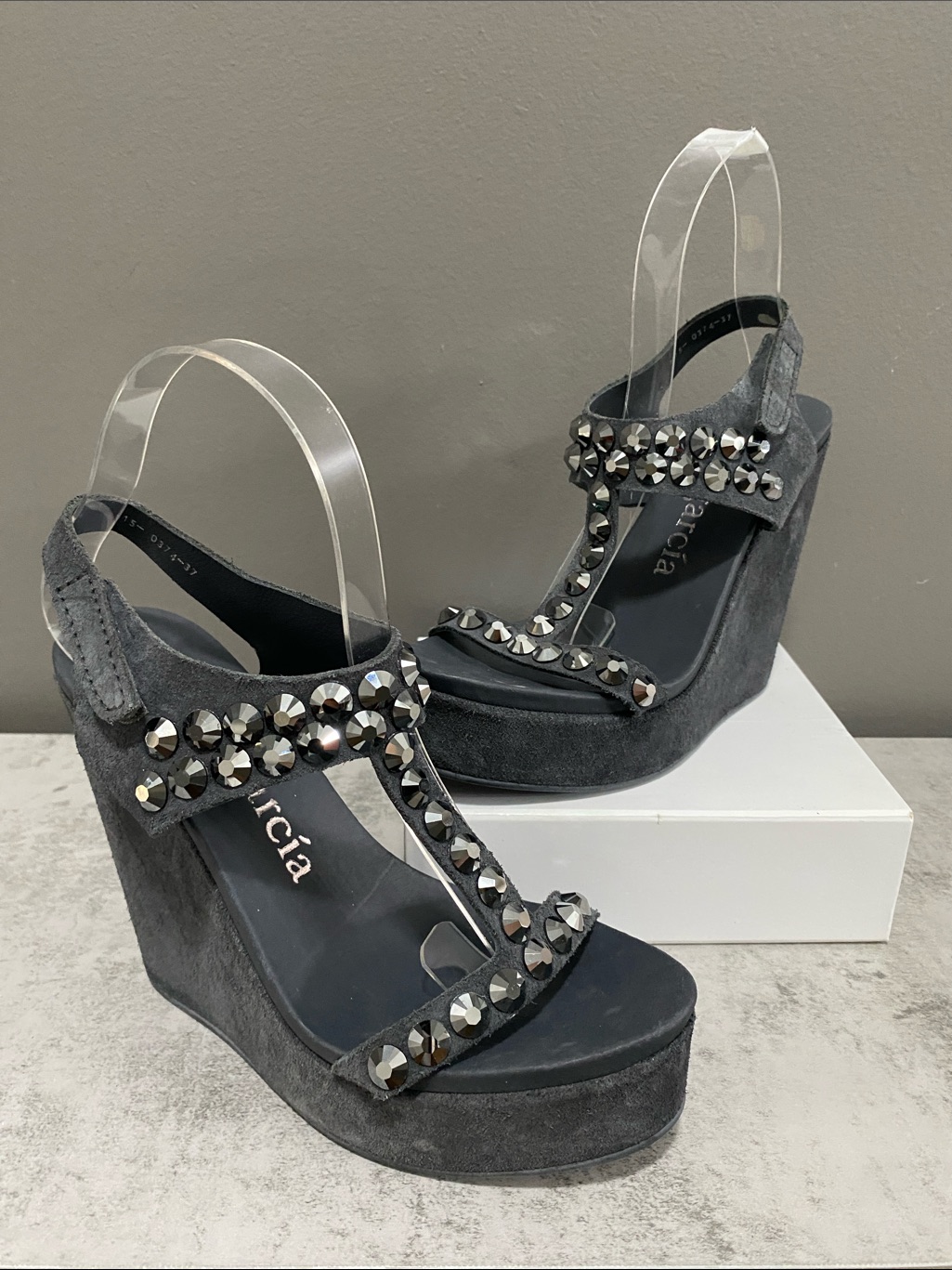 Pedro Garcia Swarovski Crystals Black Suede Platform Wedge Sandals Size 37 Us 7